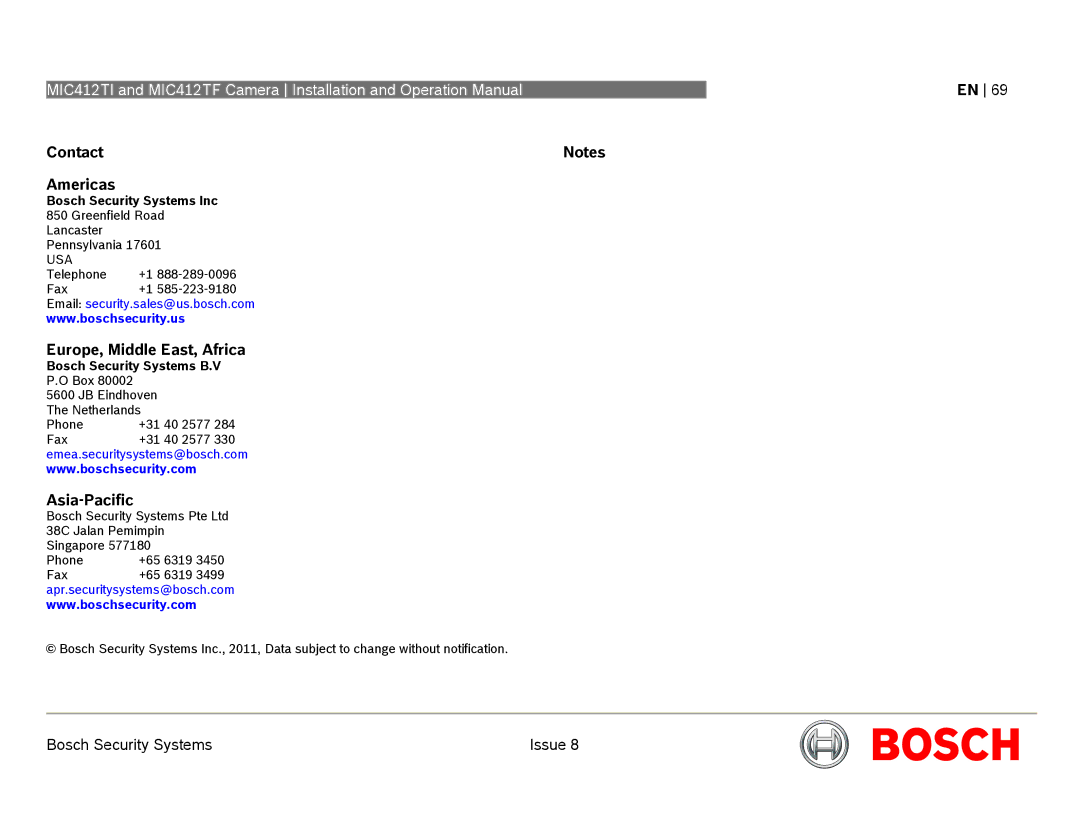 Bosch Appliances MIC412 Contact Americas, Europe, Middle East, Africa, Asia-Pacific, Bosch Security Systems Inc 