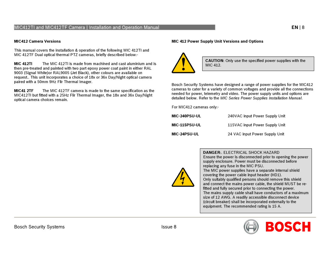 Bosch Appliances operation manual MIC412 Camera Versions, MIC 412 Power Supply Unit Versions and Options 