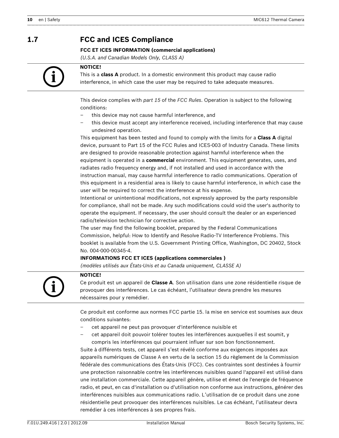 Bosch Appliances MIC612 installation manual FCC and Ices Compliance, FCC ET Ices Information commercial applications 