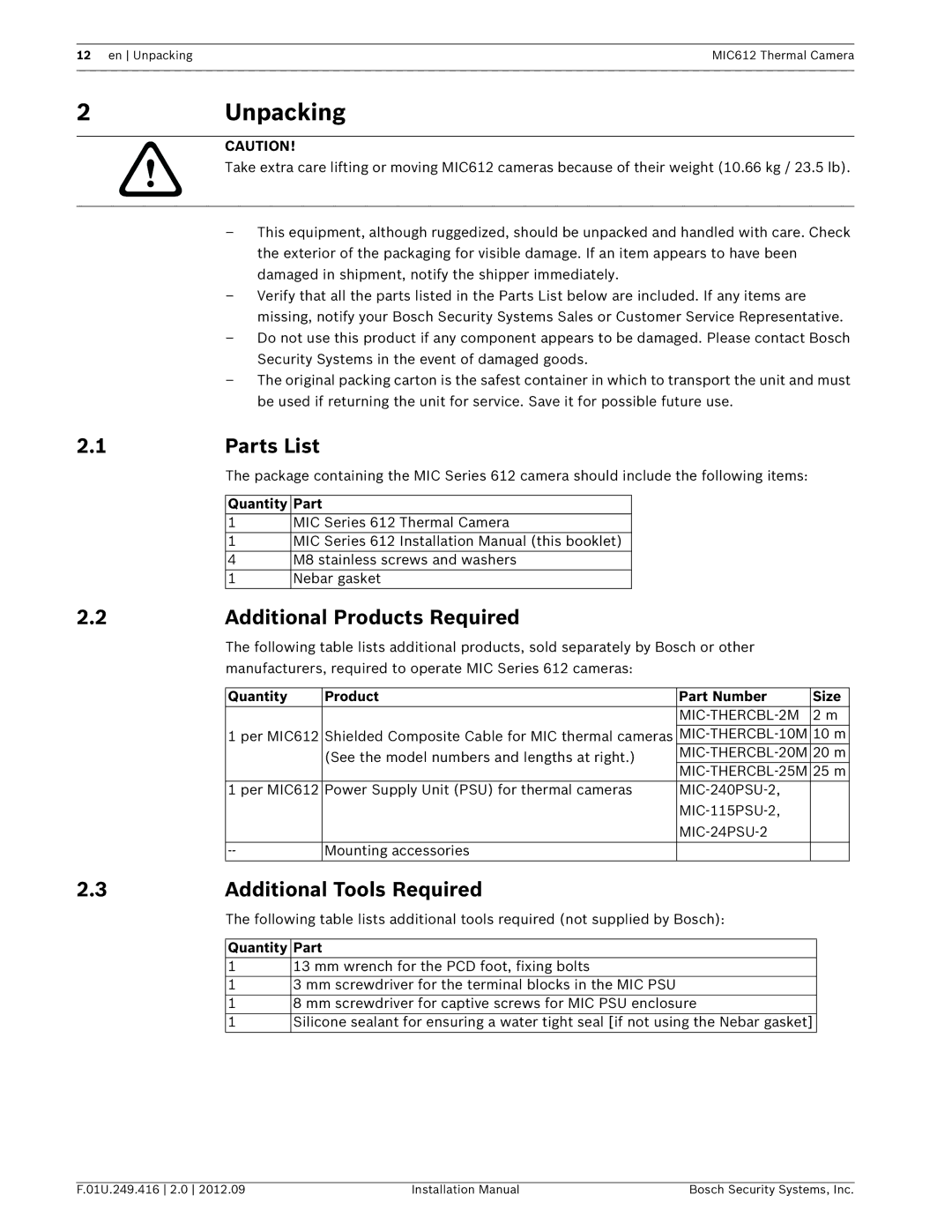 Bosch Appliances MIC612 installation manual 2Unpacking, Parts List, Additional Products Required, Additional Tools Required 