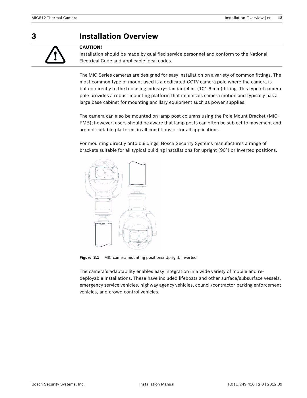 Bosch Appliances MIC612 installation manual Installation Overview, MIC camera mounting positions Upright, Inverted 