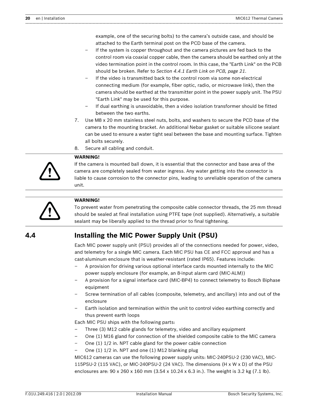 Bosch Appliances MIC612 installation manual Installing the MIC Power Supply Unit PSU 