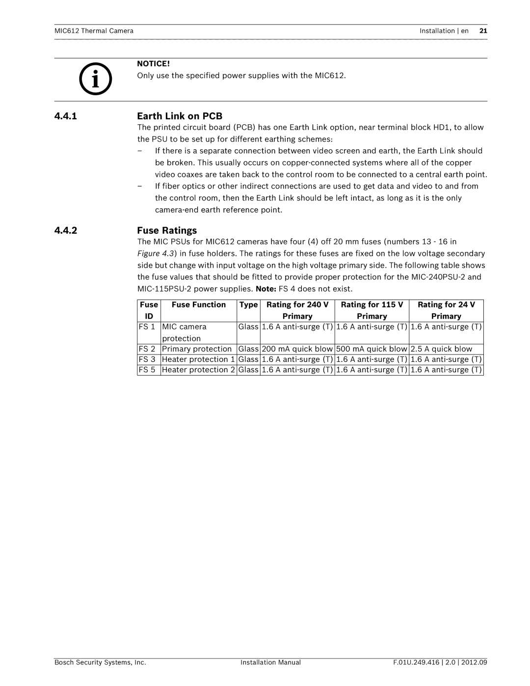 Bosch Appliances MIC612 installation manual Earth Link on PCB, Fuse Ratings 