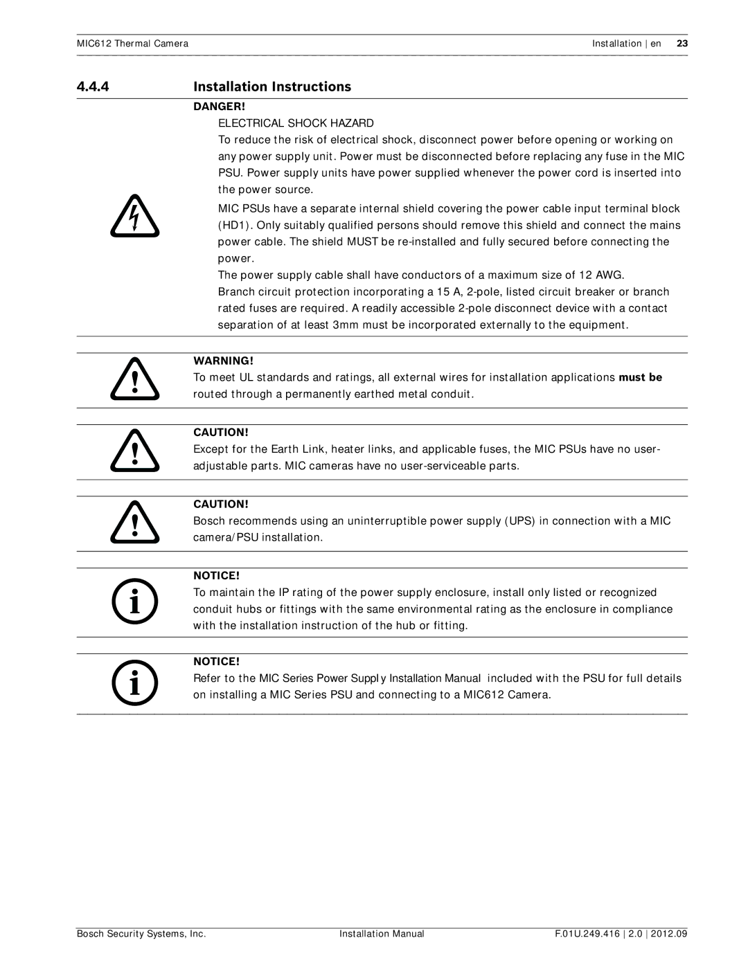 Bosch Appliances MIC612 installation manual 4Installation Instructions, Electrical Shock Hazard 