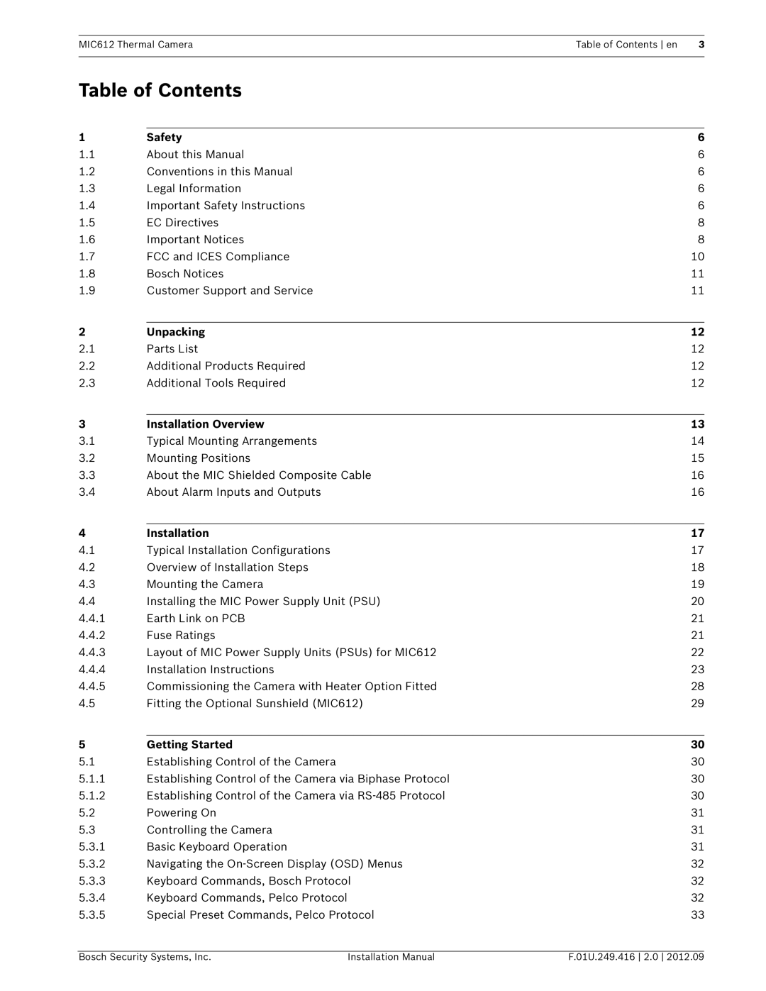 Bosch Appliances MIC612 installation manual Table of Contents 