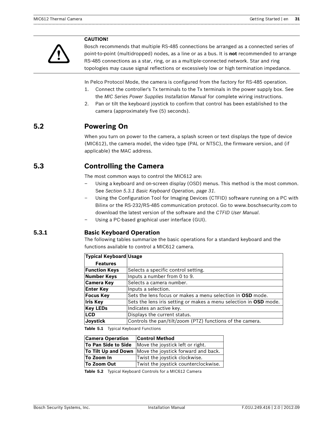 Bosch Appliances MIC612 installation manual Powering On, Controlling the Camera, Basic Keyboard Operation, Lcd 