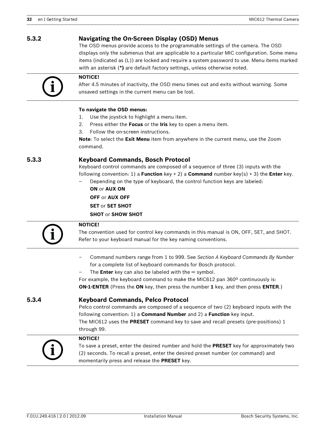 Bosch Appliances MIC612 installation manual Navigating the On-Screen Display OSD Menus, Keyboard Commands, Bosch Protocol 