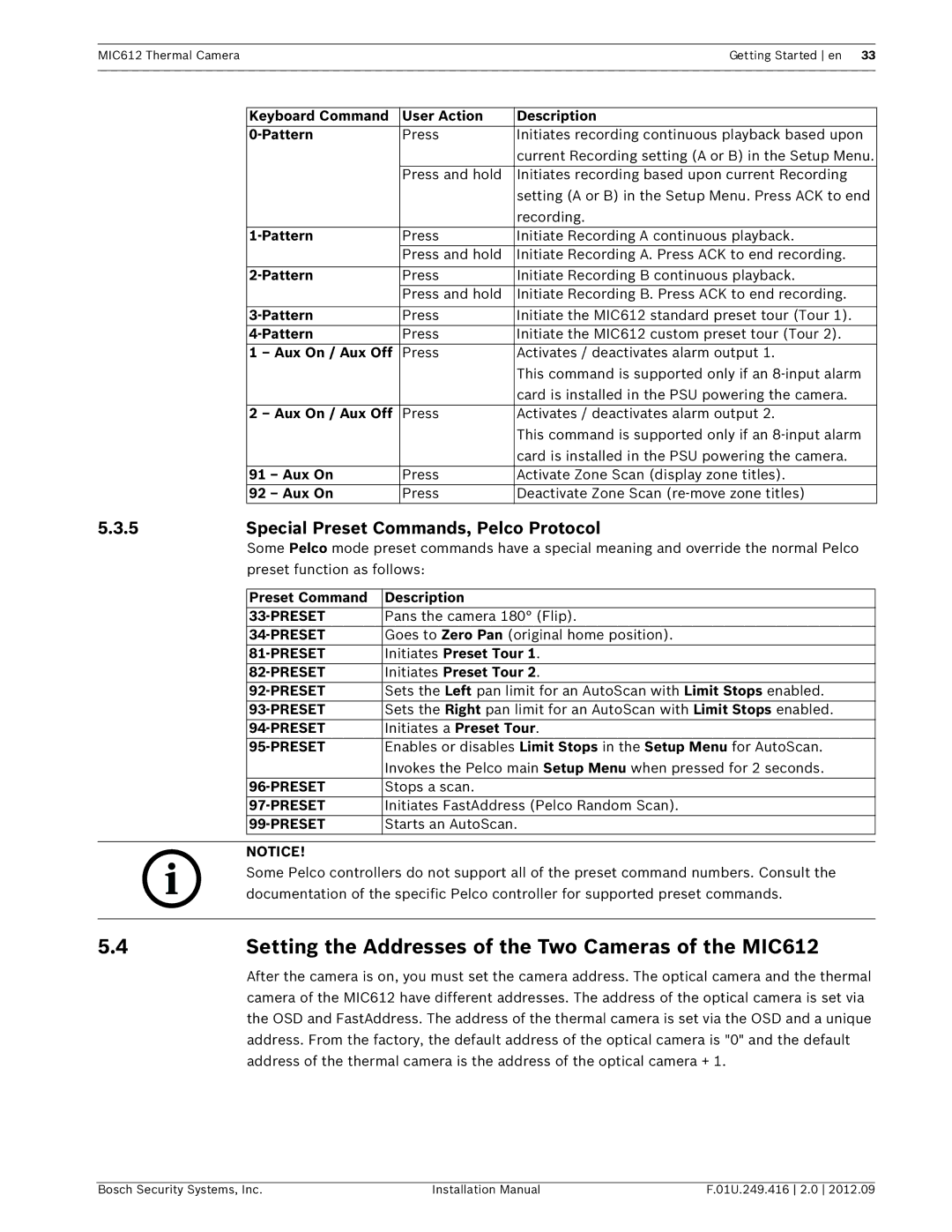Bosch Appliances 4Setting the Addresses of the Two Cameras of the MIC612, Special Preset Commands, Pelco Protocol 