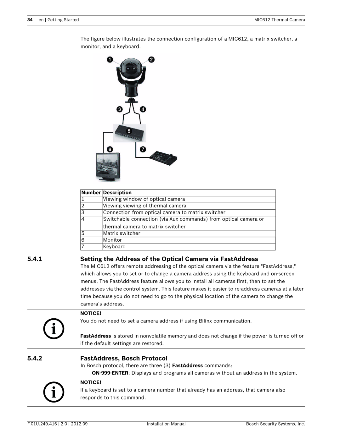 Bosch Appliances MIC612 Setting the Address of the Optical Camera via FastAddress, FastAddress, Bosch Protocol 