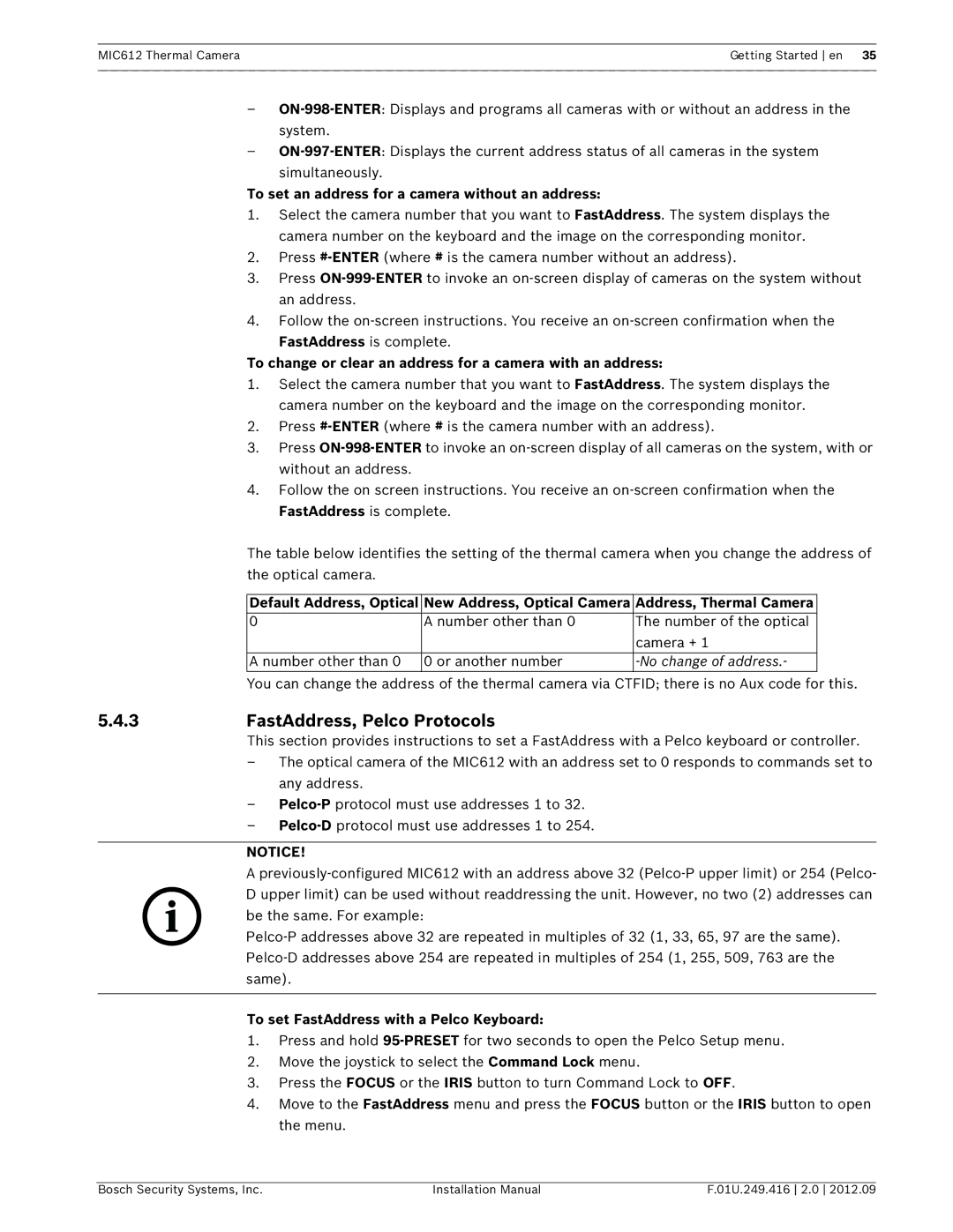 Bosch Appliances MIC612 3FastAddress, Pelco Protocols, To set an address for a camera without an address 
