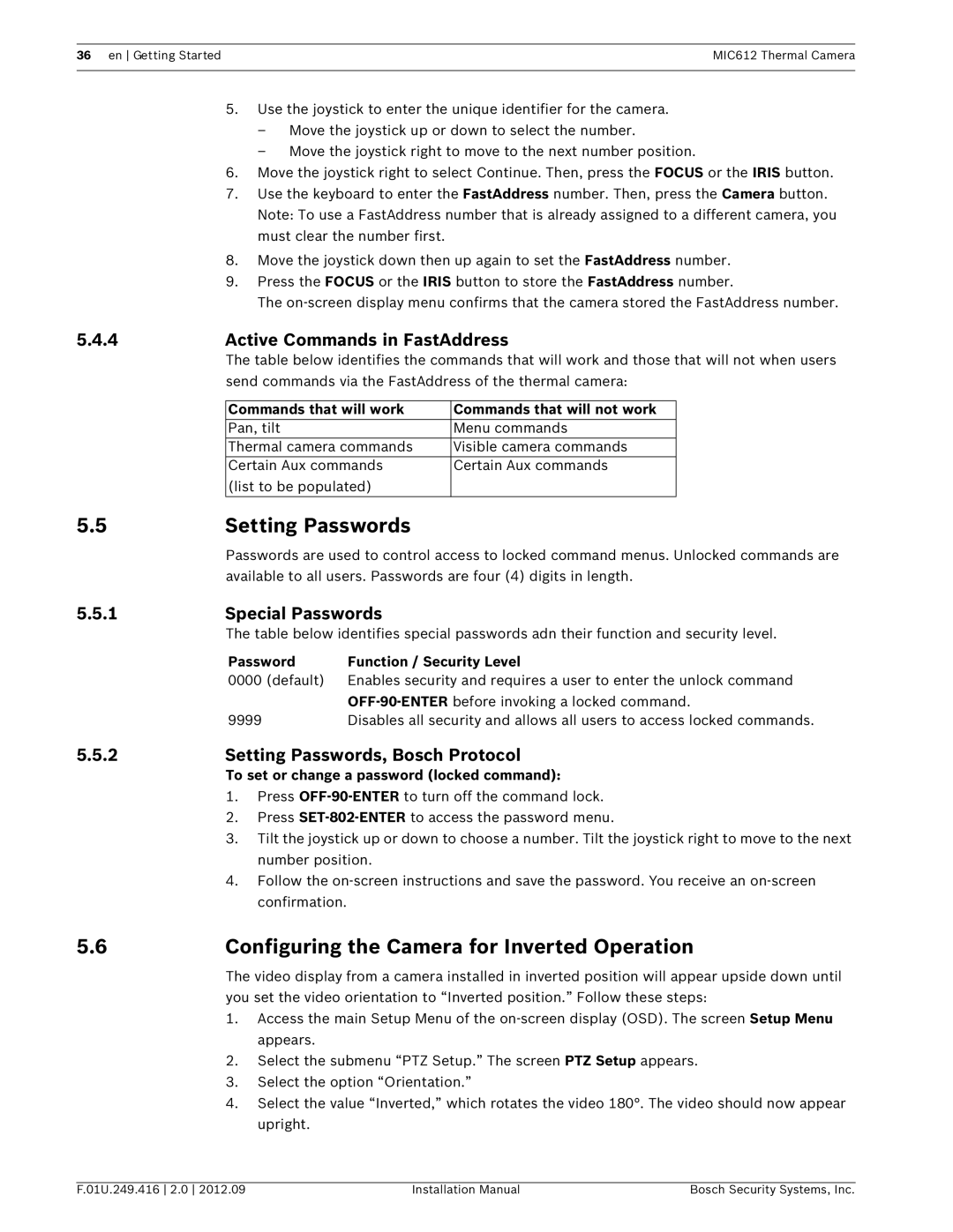 Bosch Appliances MIC612 Setting Passwords, Configuring the Camera for Inverted Operation, Active Commands in FastAddress 
