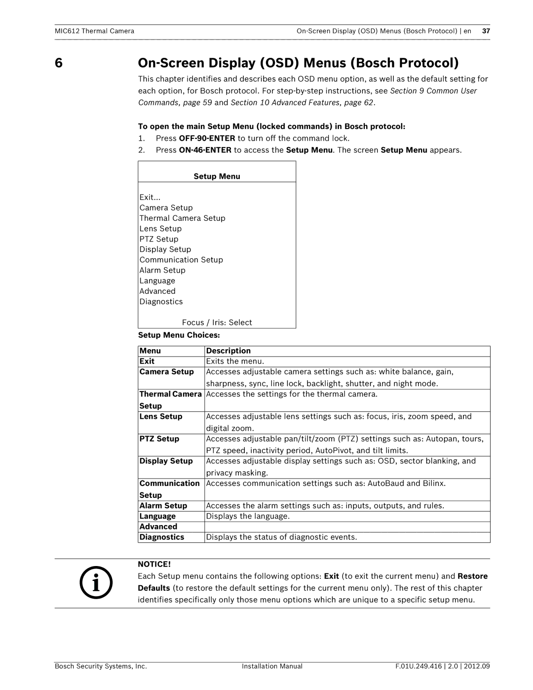 Bosch Appliances MIC612 installation manual 6On-Screen Display OSD Menus Bosch Protocol, Setup Menu 