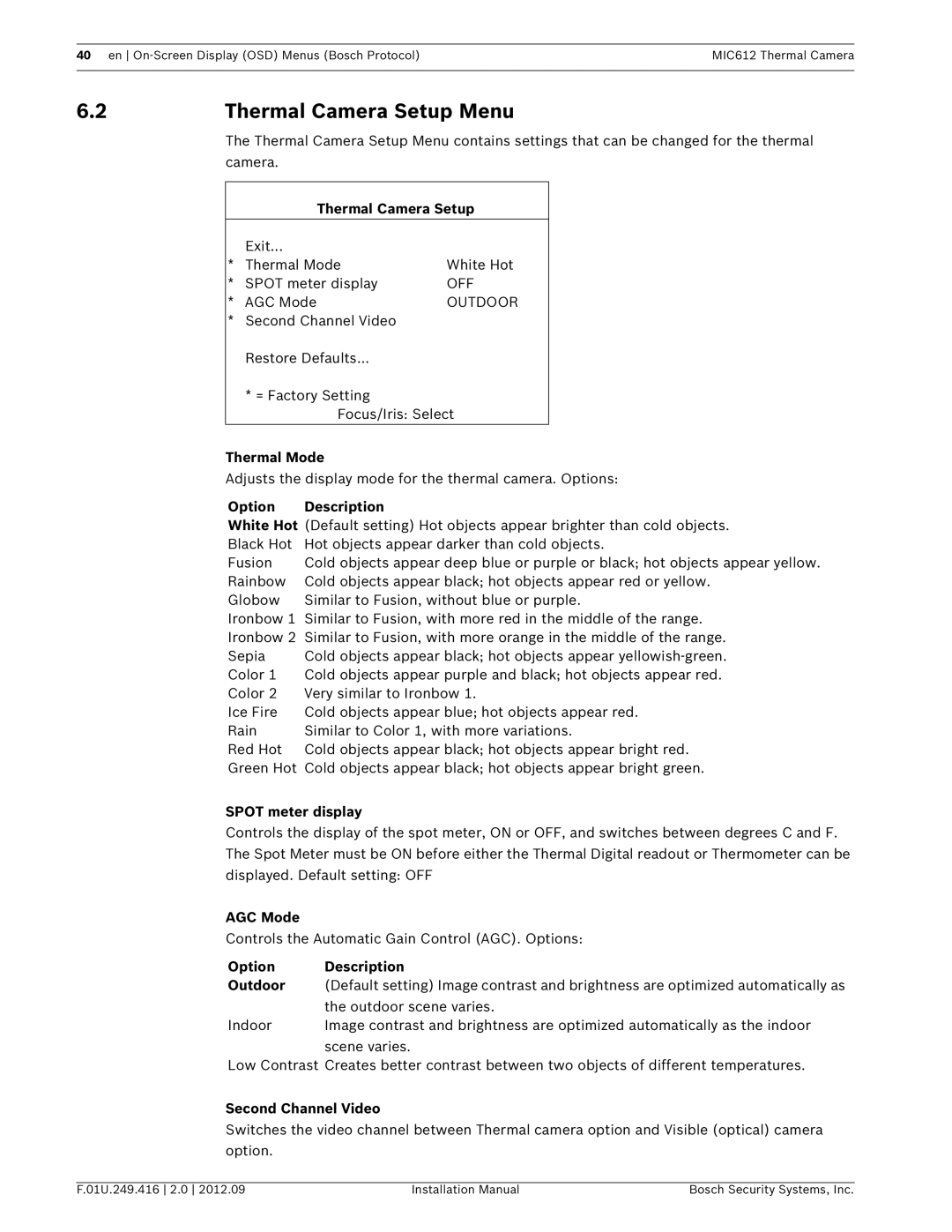 Bosch Appliances MIC612 installation manual Thermal Camera Setup Menu 