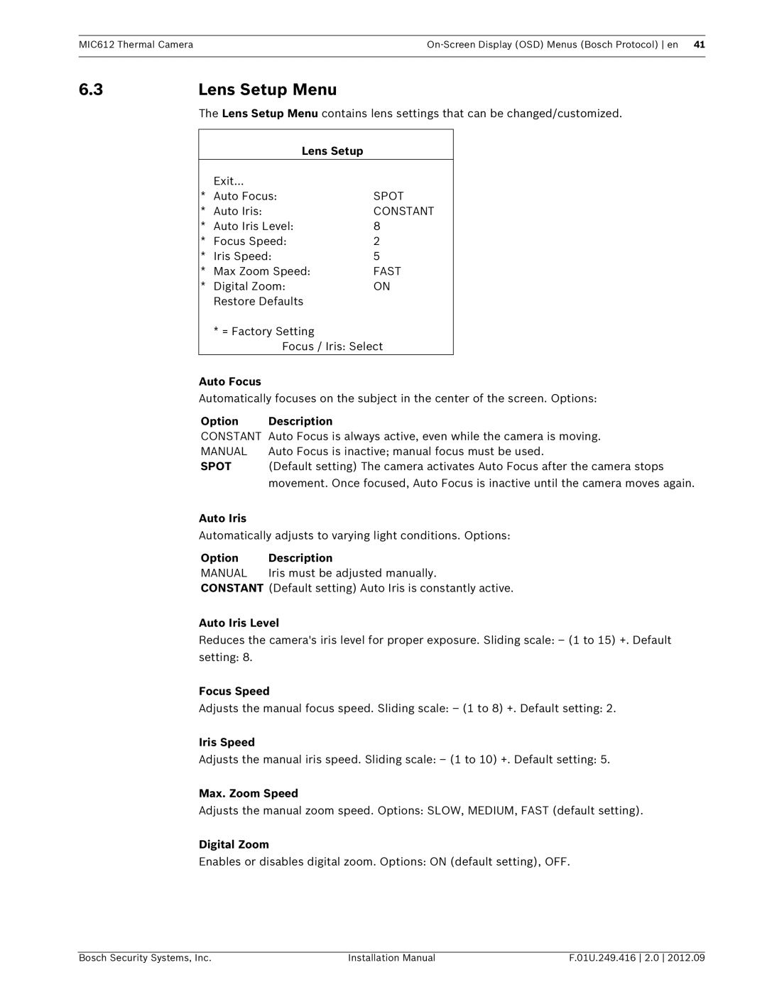 Bosch Appliances MIC612 installation manual Lens Setup Menu, Manual 