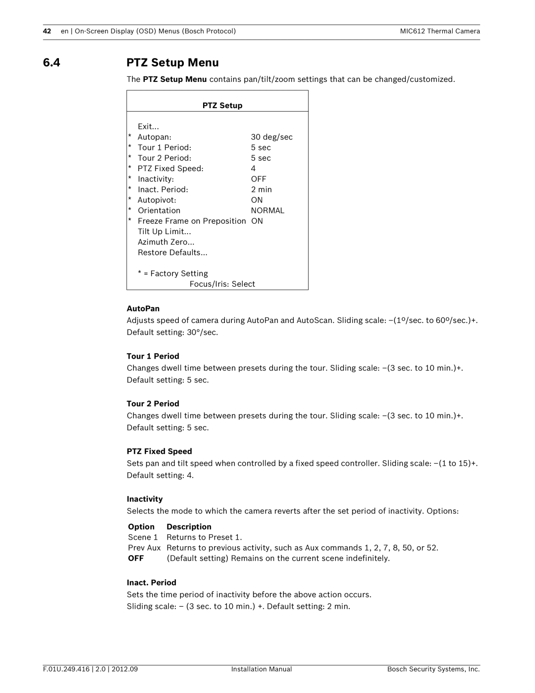 Bosch Appliances MIC612 installation manual PTZ Setup Menu 