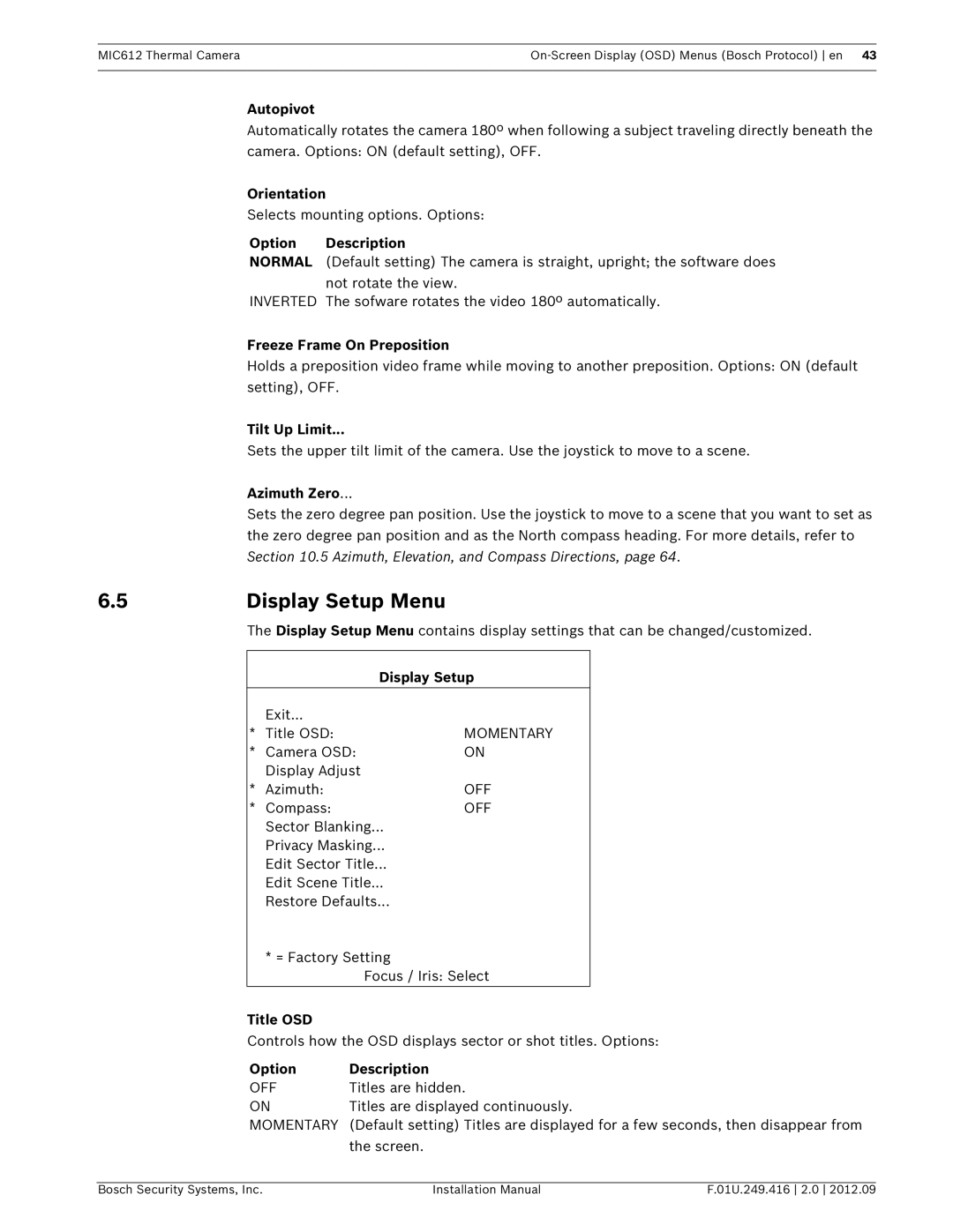 Bosch Appliances MIC612 installation manual Display Setup Menu 