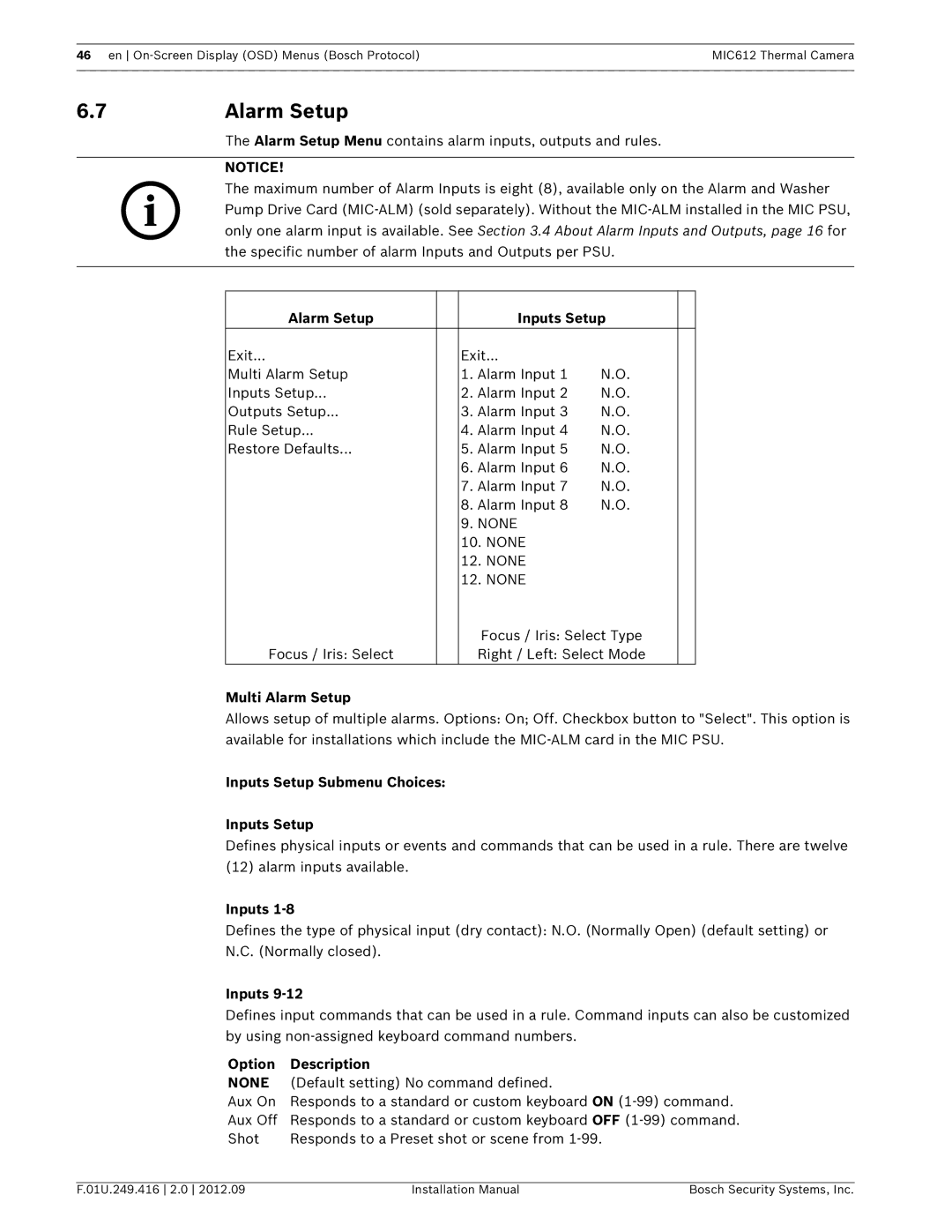 Bosch Appliances MIC612 installation manual Alarm Setup, None 