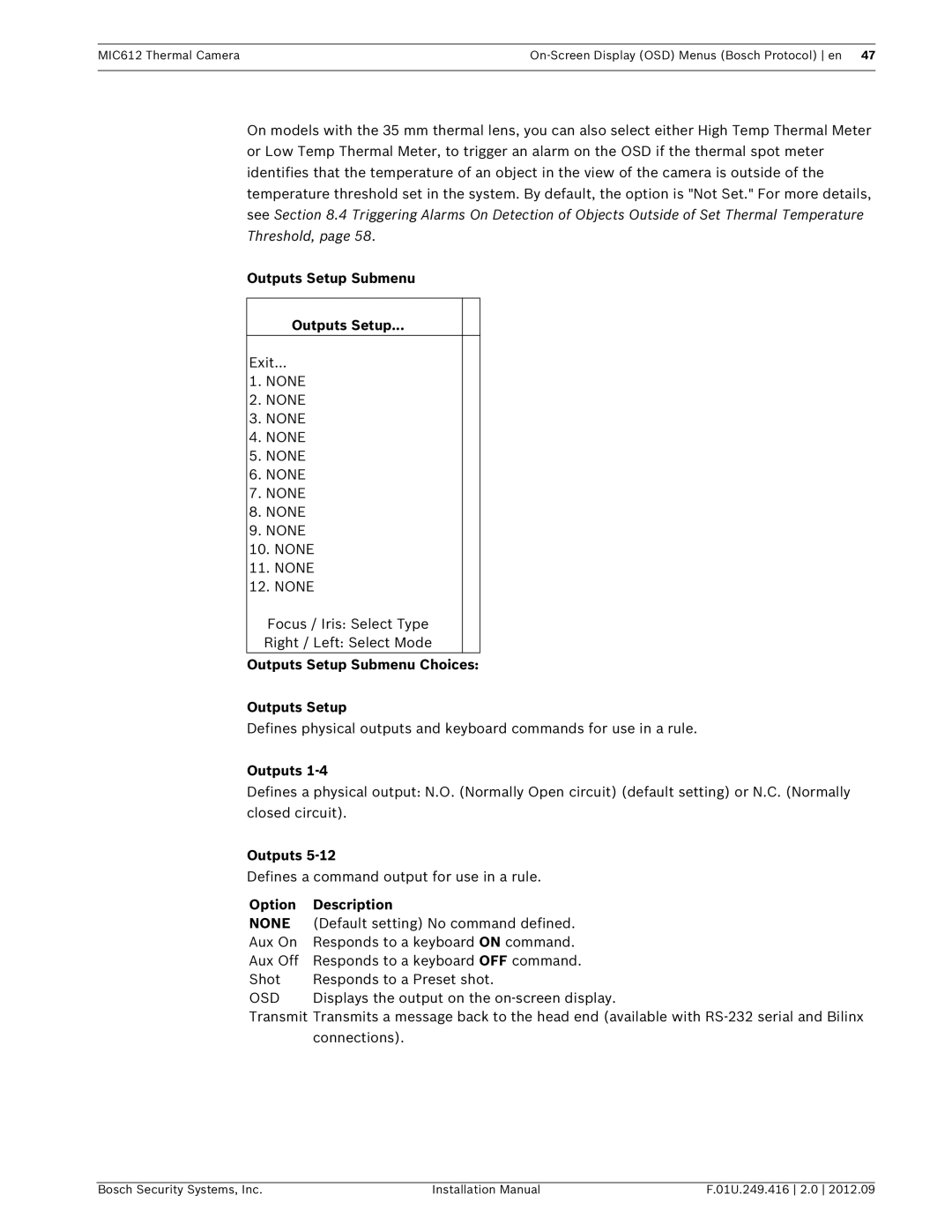 Bosch Appliances MIC612 installation manual Outputs Setup Submenu Choices, Osd 