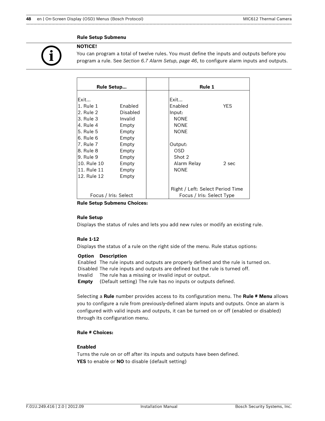 Bosch Appliances MIC612 installation manual Rule Setup Submenu Choices, Rule # Choices Enabled 