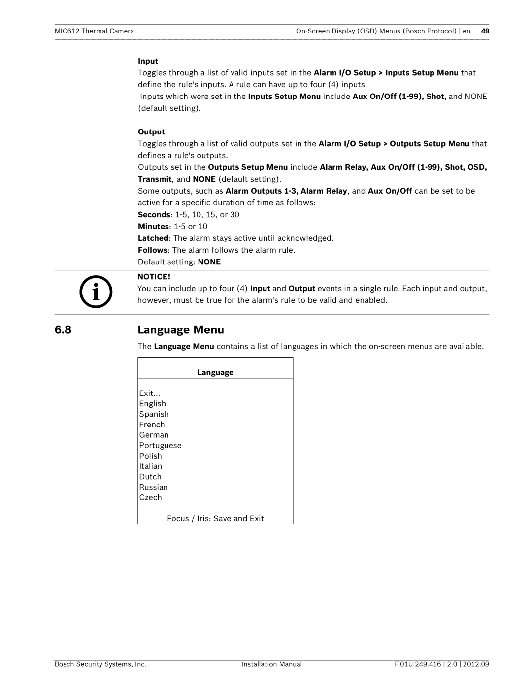 Bosch Appliances MIC612 installation manual Language Menu, Input, Output 