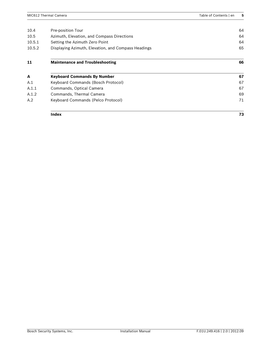 Bosch Appliances MIC612 installation manual Maintenance and Troubleshooting Keyboard Commands By Number, Index 