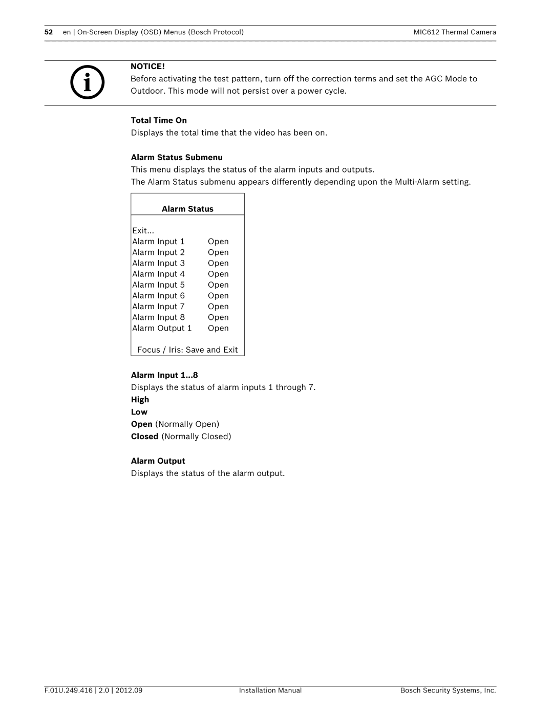 Bosch Appliances MIC612 installation manual Total Time On, Alarm Status Submenu, Alarm Input, High Low, Alarm Output 