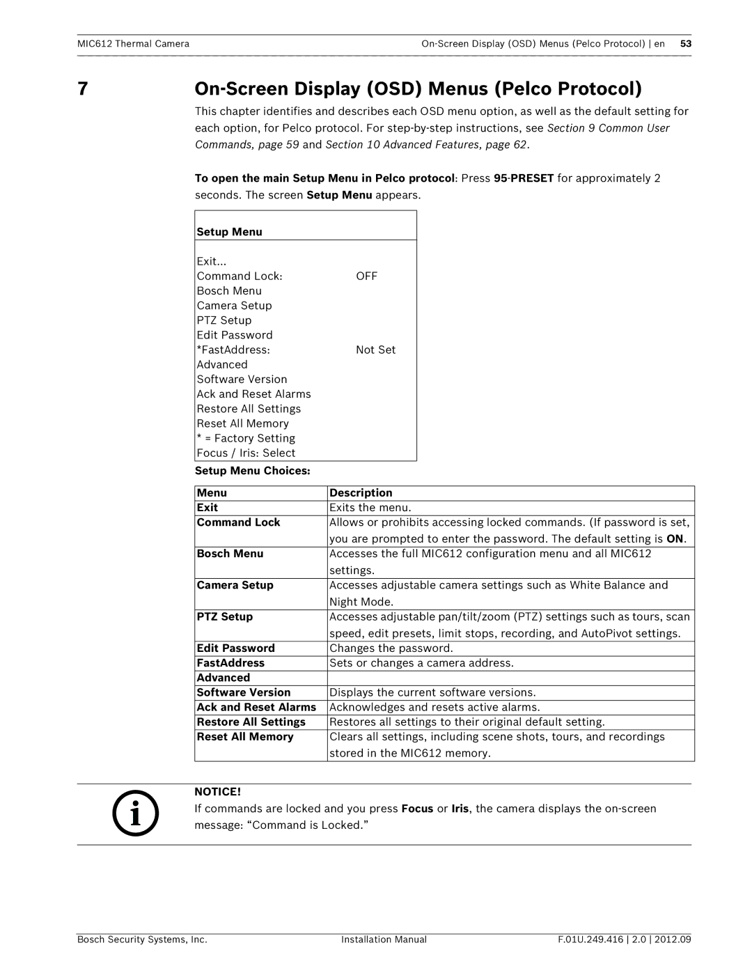 Bosch Appliances MIC612 installation manual On-Screen Display OSD Menus Pelco Protocol 