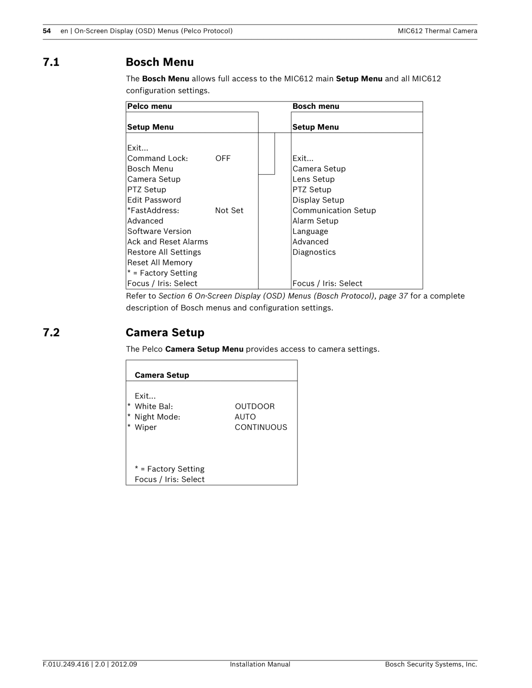 Bosch Appliances MIC612 installation manual Bosch Menu, Camera Setup, Pelco menu Bosch menu Setup Menu, Continuous 