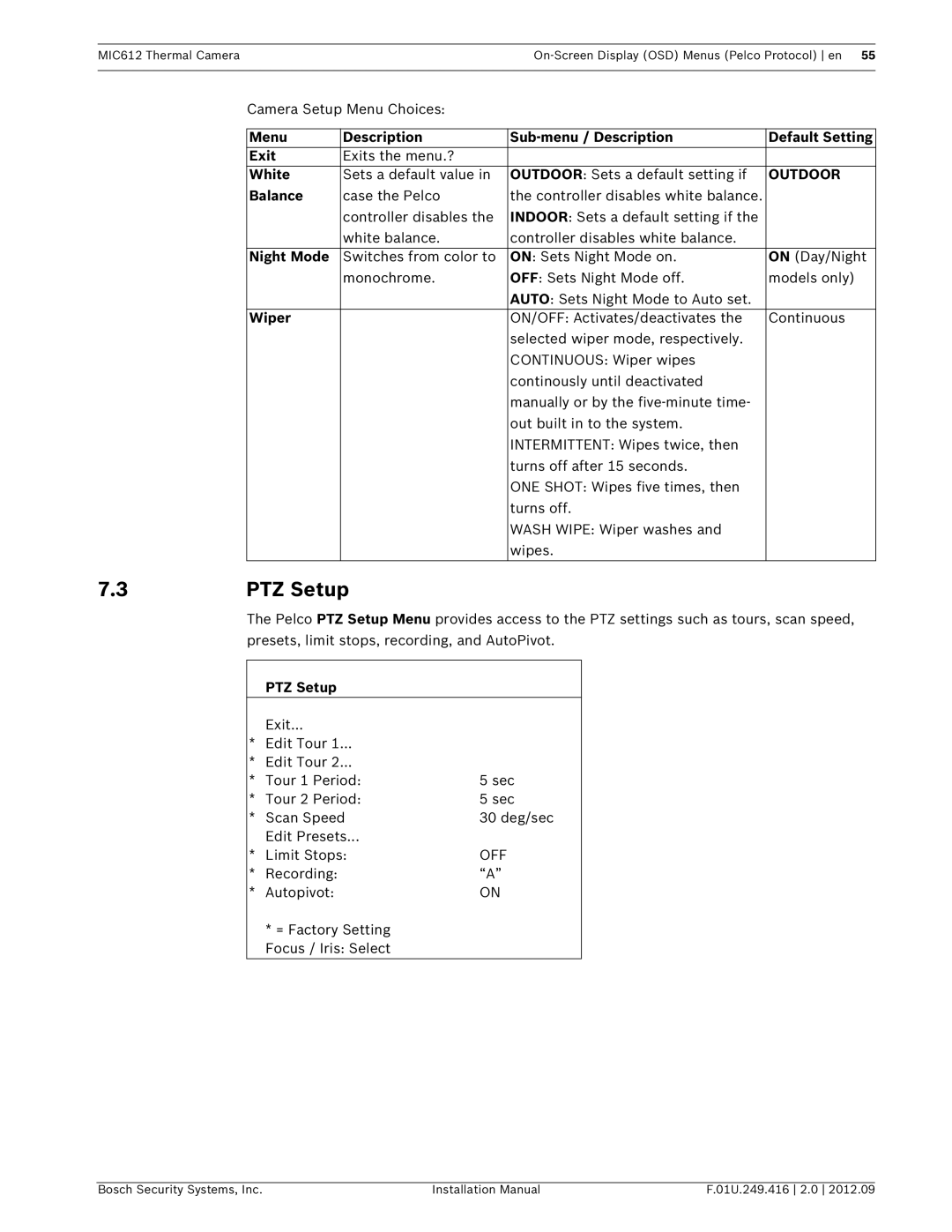 Bosch Appliances MIC612 installation manual PTZ Setup, White, Outdoor, Balance, Wiper 