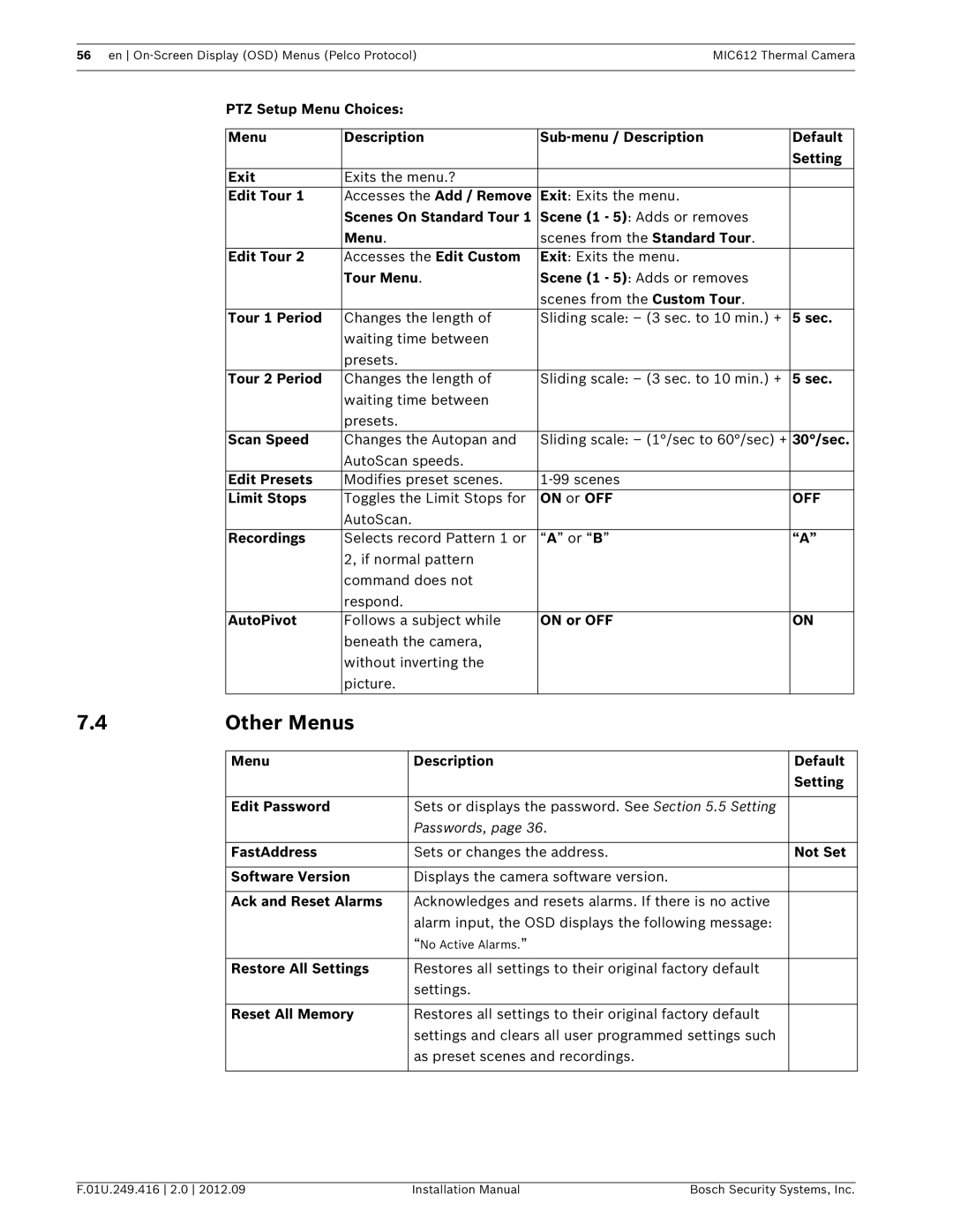 Bosch Appliances MIC612 installation manual Other Menus, Off 