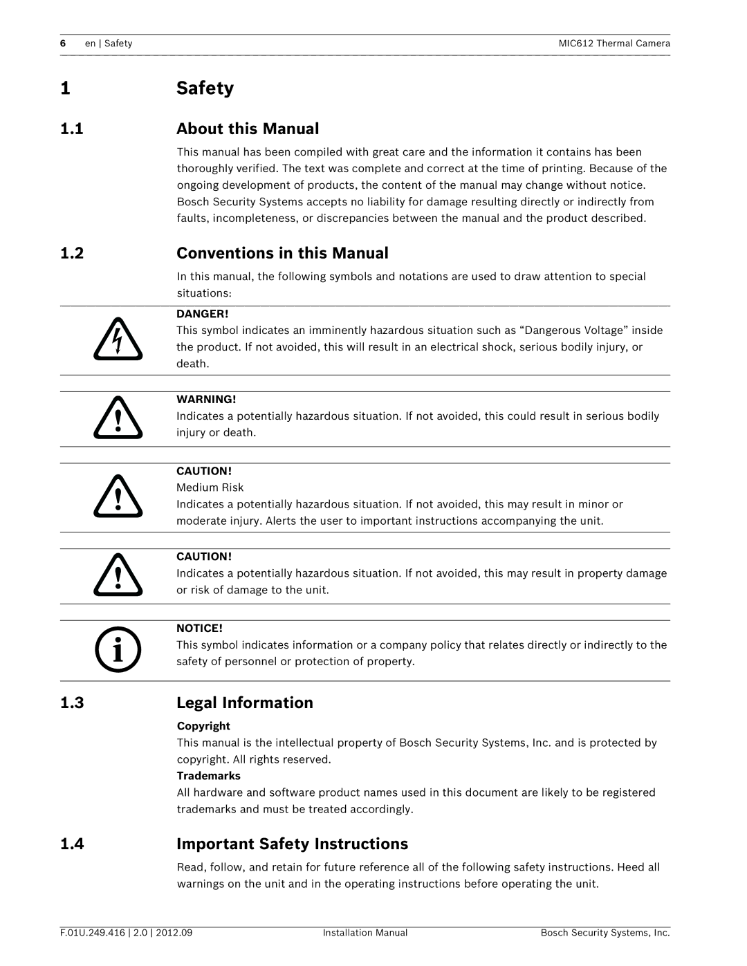 Bosch Appliances MIC612 installation manual Safety, About this Manual, Conventions in this Manual, Legal Information 