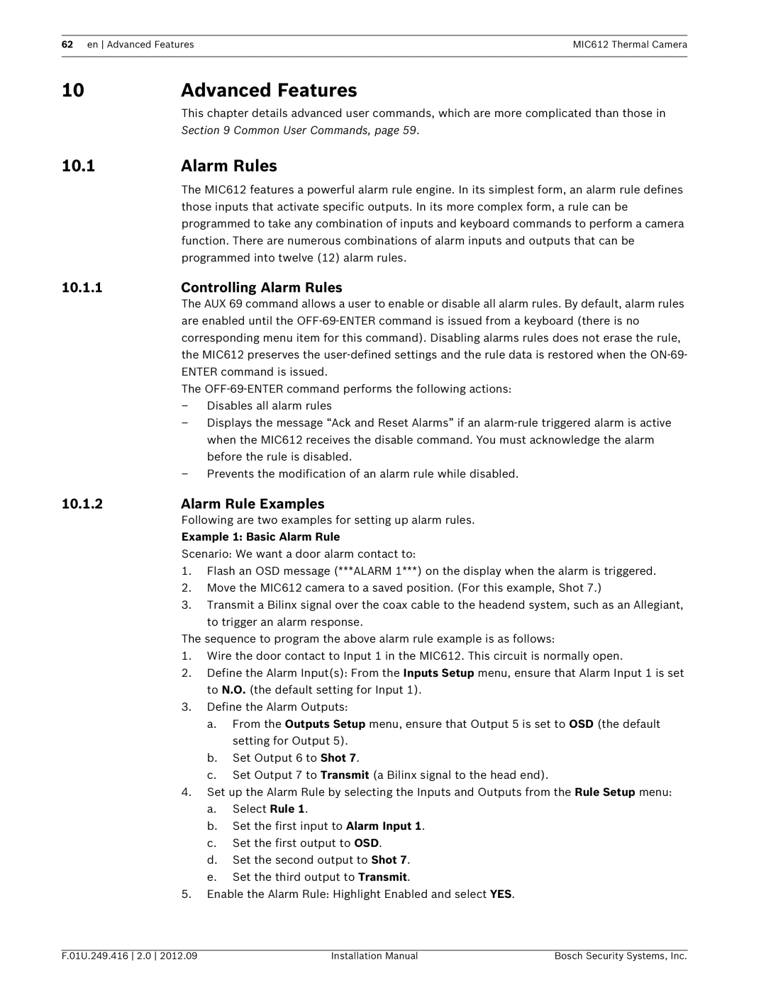 Bosch Appliances MIC612 Advanced Features, Controlling Alarm Rules, Alarm Rule Examples, Example 1 Basic Alarm Rule 