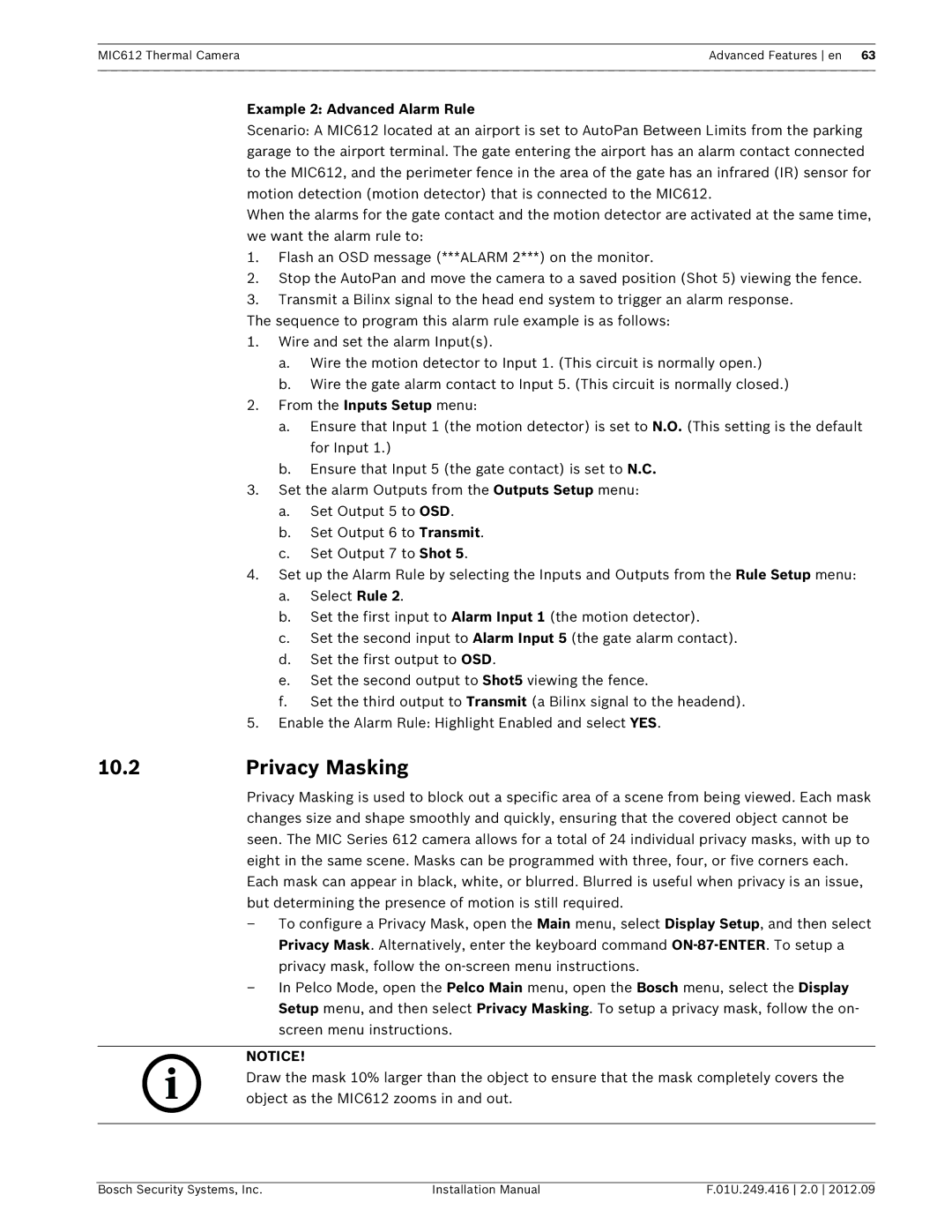 Bosch Appliances MIC612 installation manual Privacy Masking, Example 2 Advanced Alarm Rule 