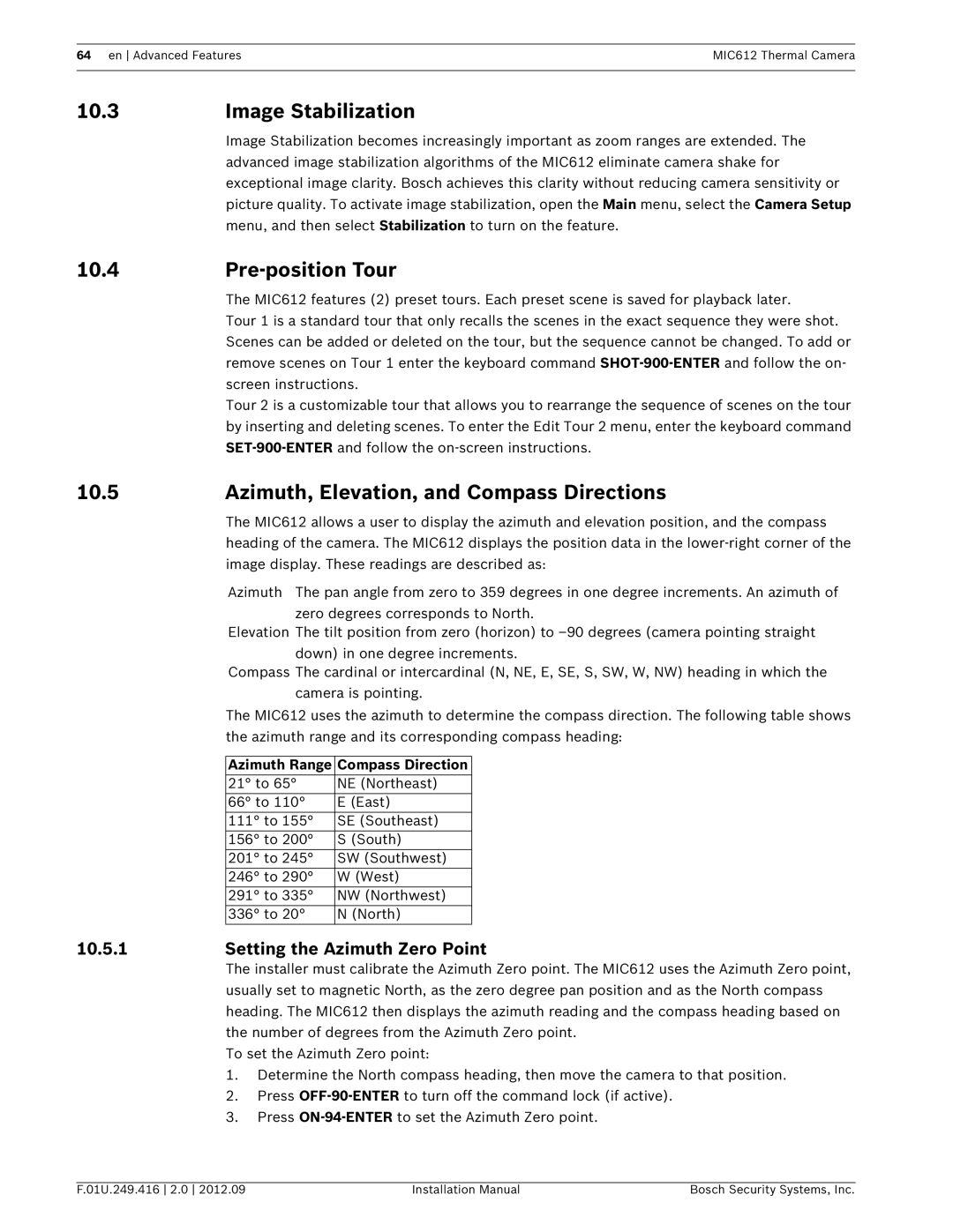 Bosch Appliances MIC612 Image Stabilization, Pre-position Tour, Azimuth, Elevation, and Compass Directions 