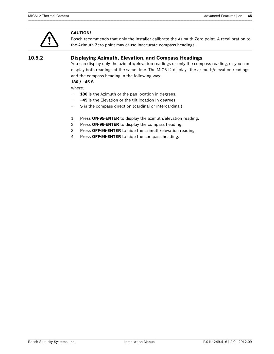 Bosch Appliances MIC612 installation manual Displaying Azimuth, Elevation, and Compass Headings, 180 / -45 S 