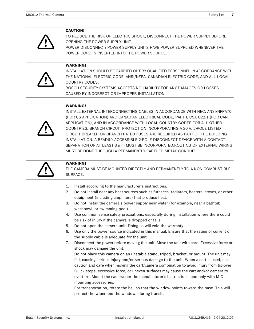 Bosch Appliances installation manual MIC612 Thermal Camera Safety en 