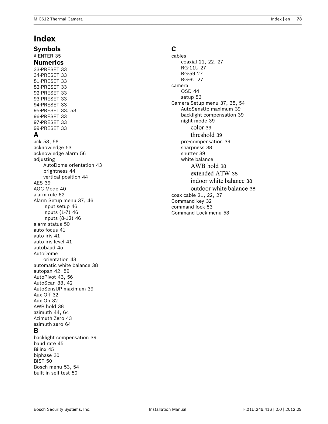 Bosch Appliances MIC612 installation manual Index, #-Enter, Pre-compensation 39 sharpness 38 shutter White balance 