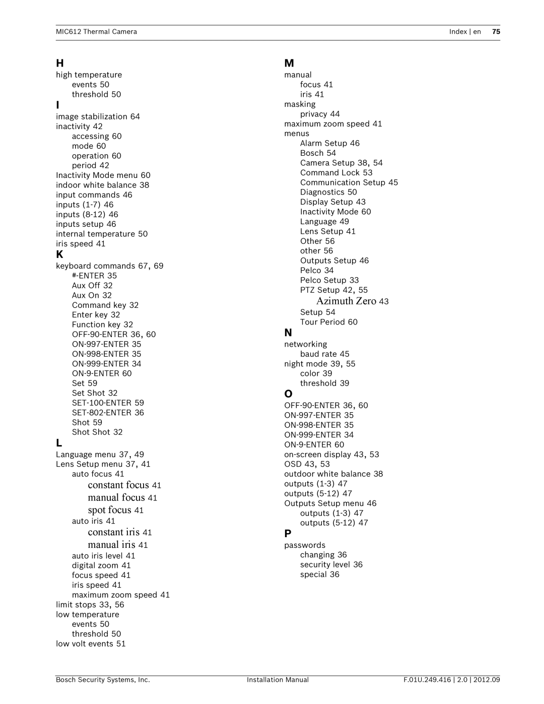 Bosch Appliances MIC612 installation manual Constant focus 41 manual focus 41 spot focus 