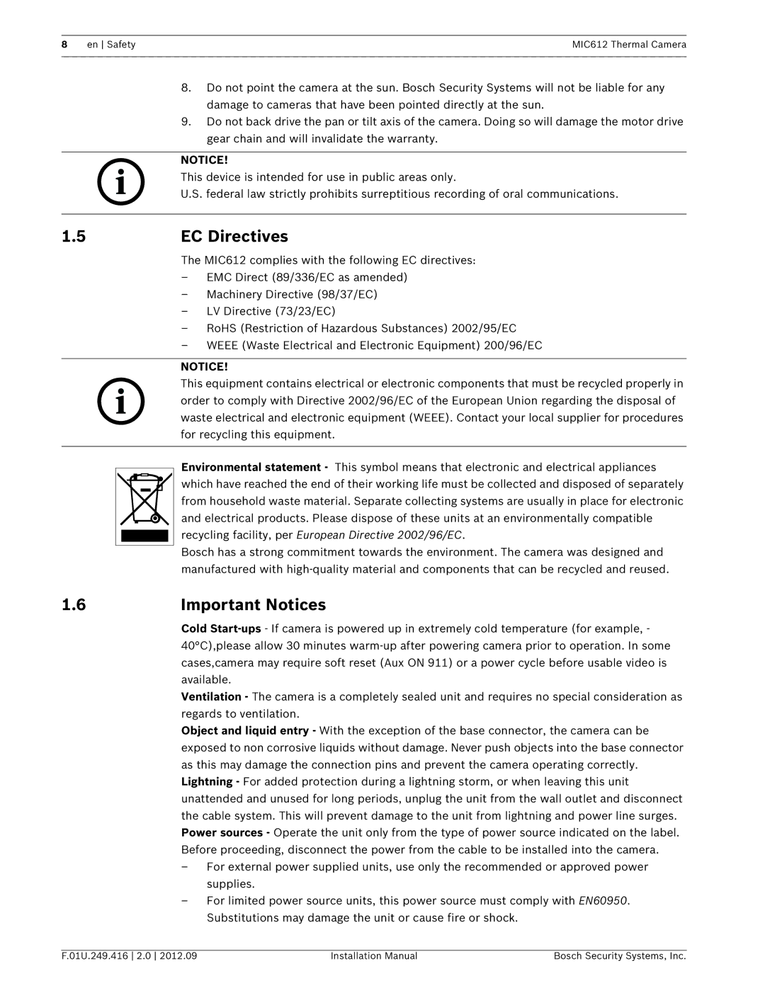 Bosch Appliances MIC612 installation manual EC Directives, Important Notices 