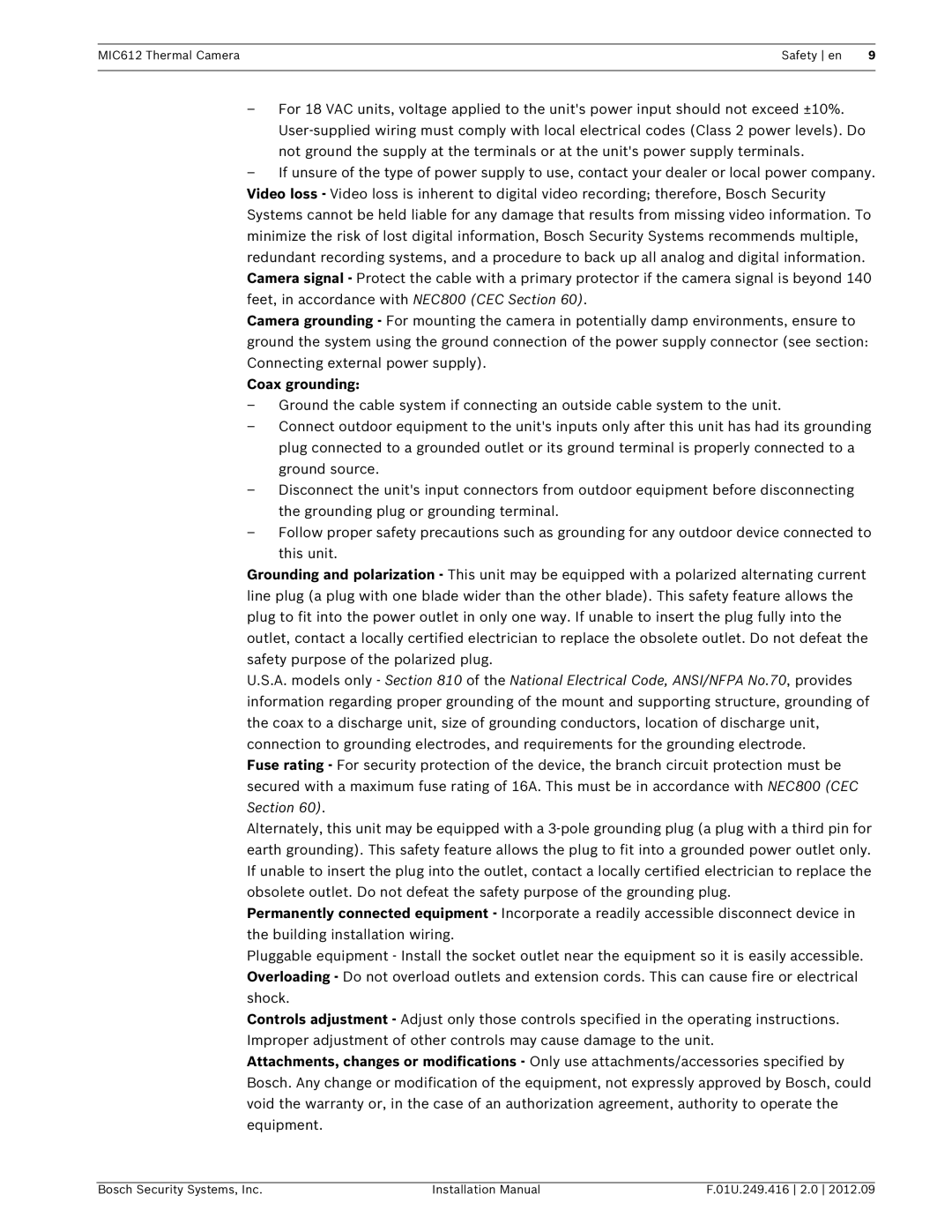 Bosch Appliances MIC612 installation manual Coax grounding 