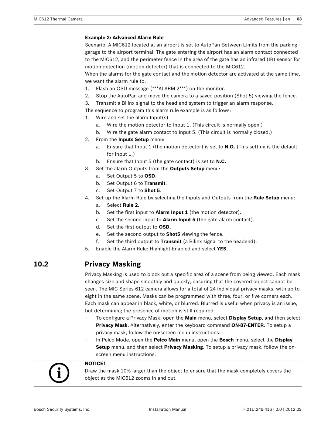 Bosch Appliances MIC612 installation manual 10.2, Privacy Masking, Example 2 Advanced Alarm Rule 