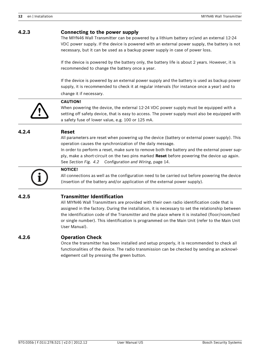 Bosch Appliances MIYN46 user manual 3Connecting to the power supply, Reset, Transmitter Identification, 6Operation Check 