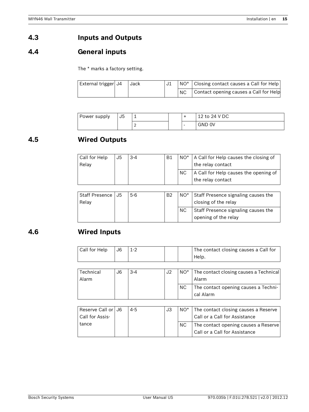 Bosch Appliances MIYN46 user manual Inputs and Outputs, General inputs, Wired Outputs, Wired Inputs 