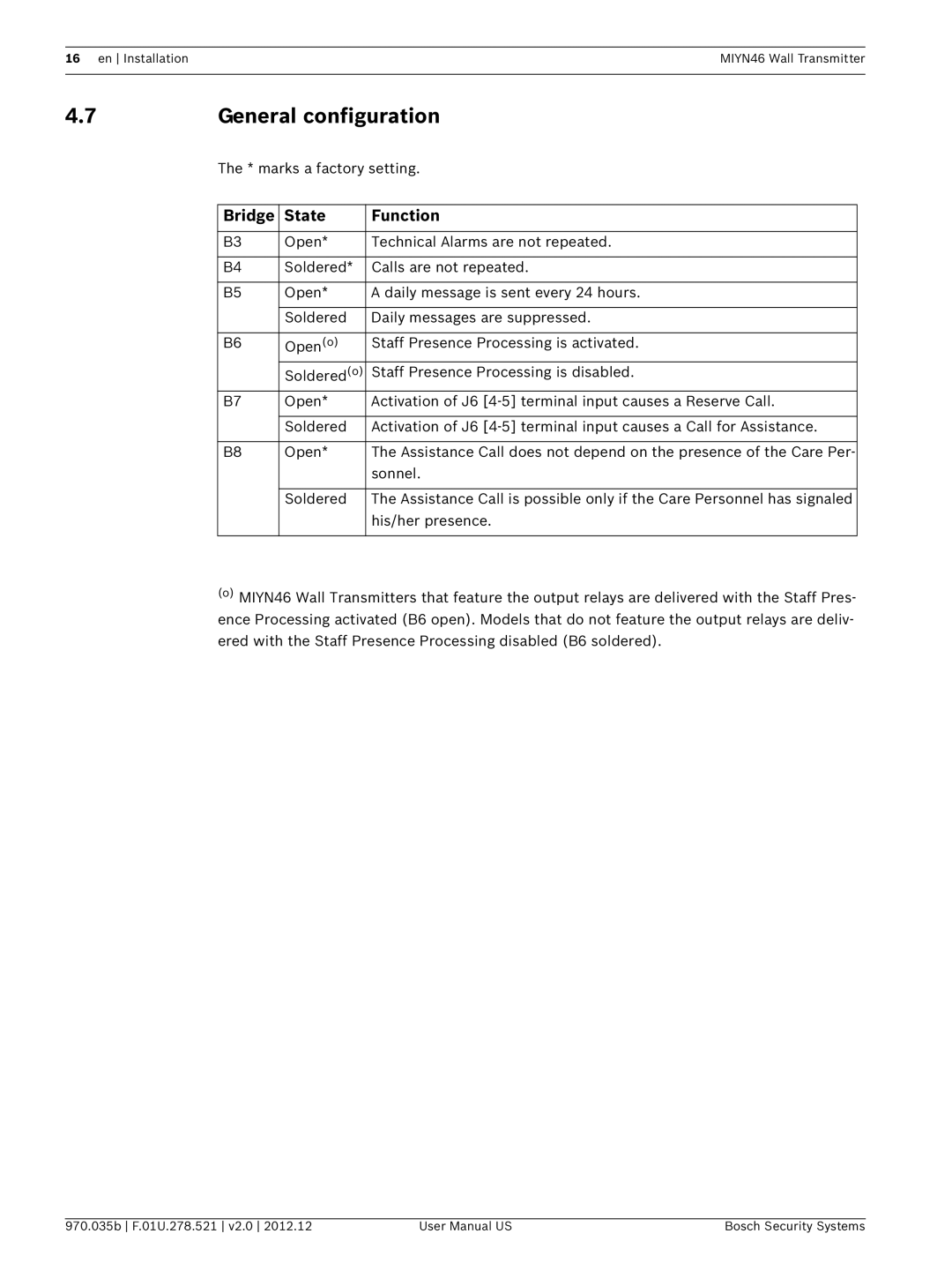 Bosch Appliances MIYN46 user manual General configuration, Bridge State Function 