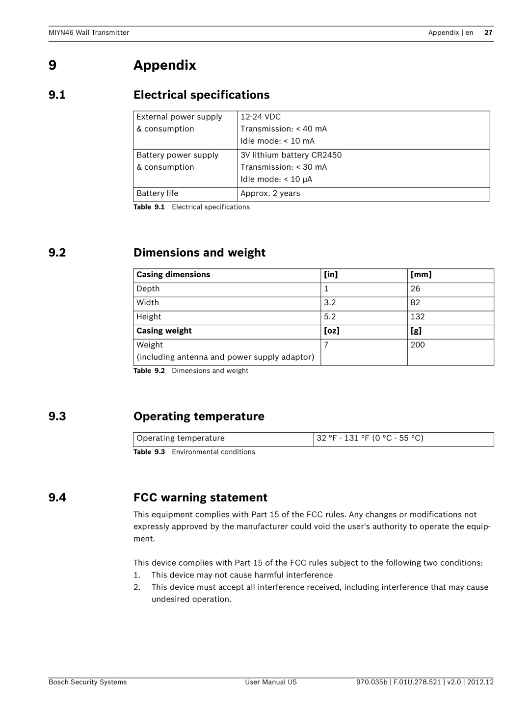 Bosch Appliances MIYN46 user manual Appendix, Electrical specifications, Dimensions and weight, Operating temperature 