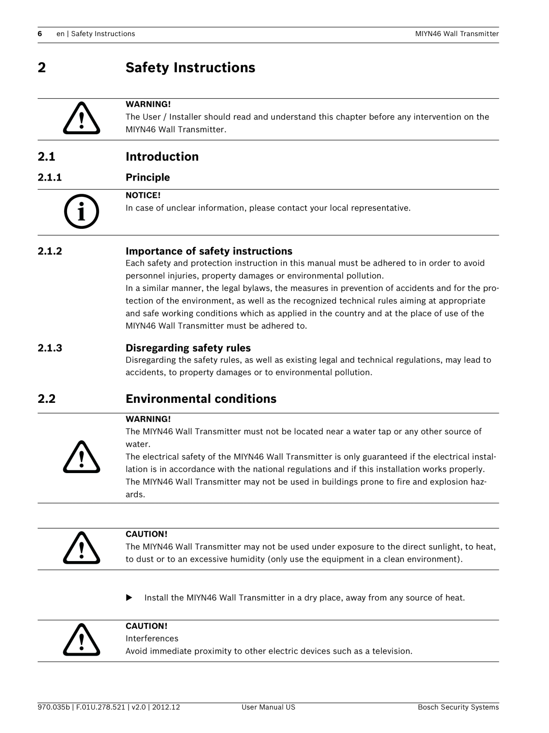 Bosch Appliances MIYN46 Safety Instructions, Introduction, Environmental conditions, 2.1.1, Principle, 2.1.2, 2.1.3 