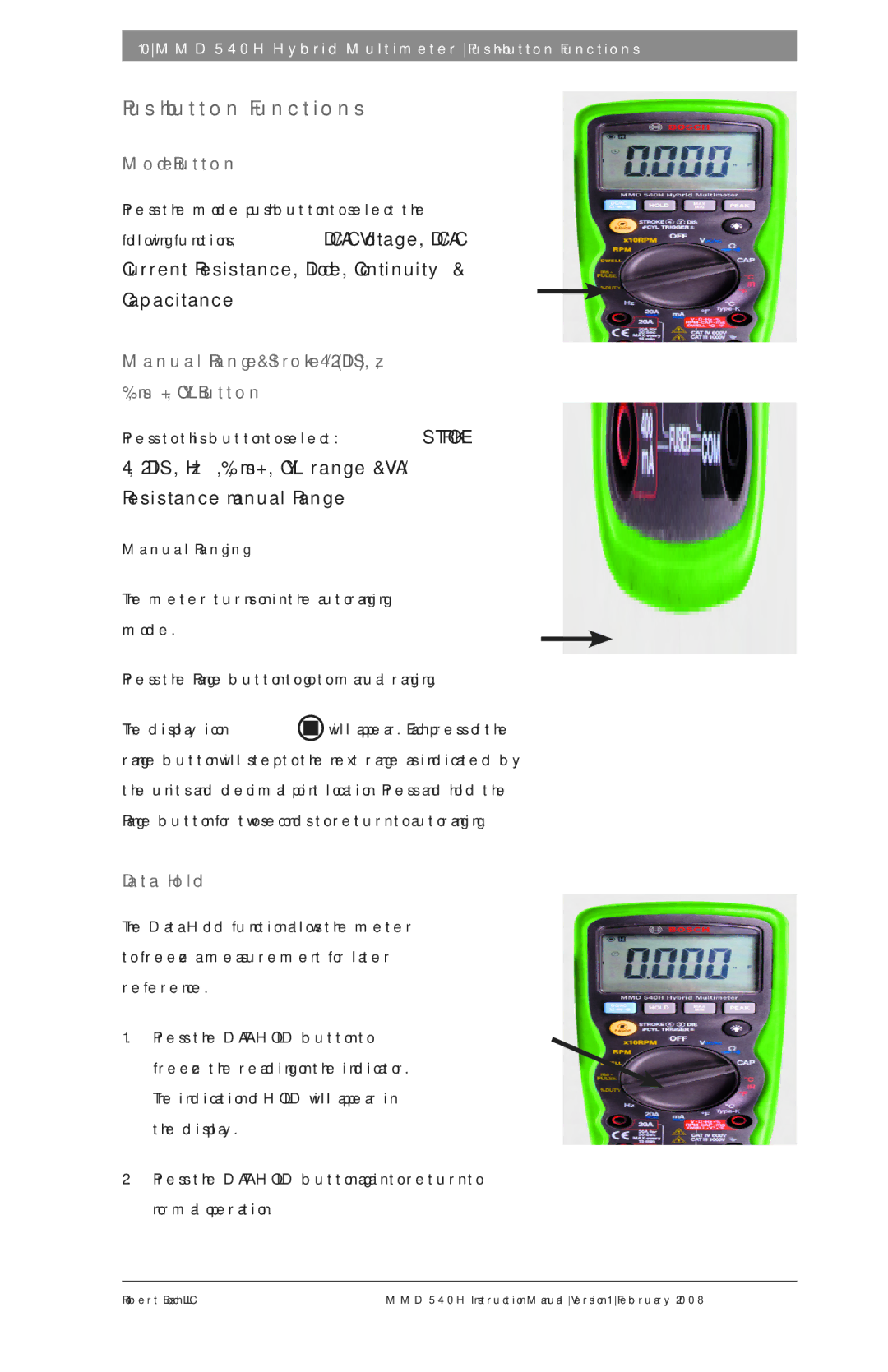 Bosch Appliances MMD 540H Push-button Functions, Mode Button, Manual Range & Stroke 4/2DIS, z, %, ms +, CYL Button 