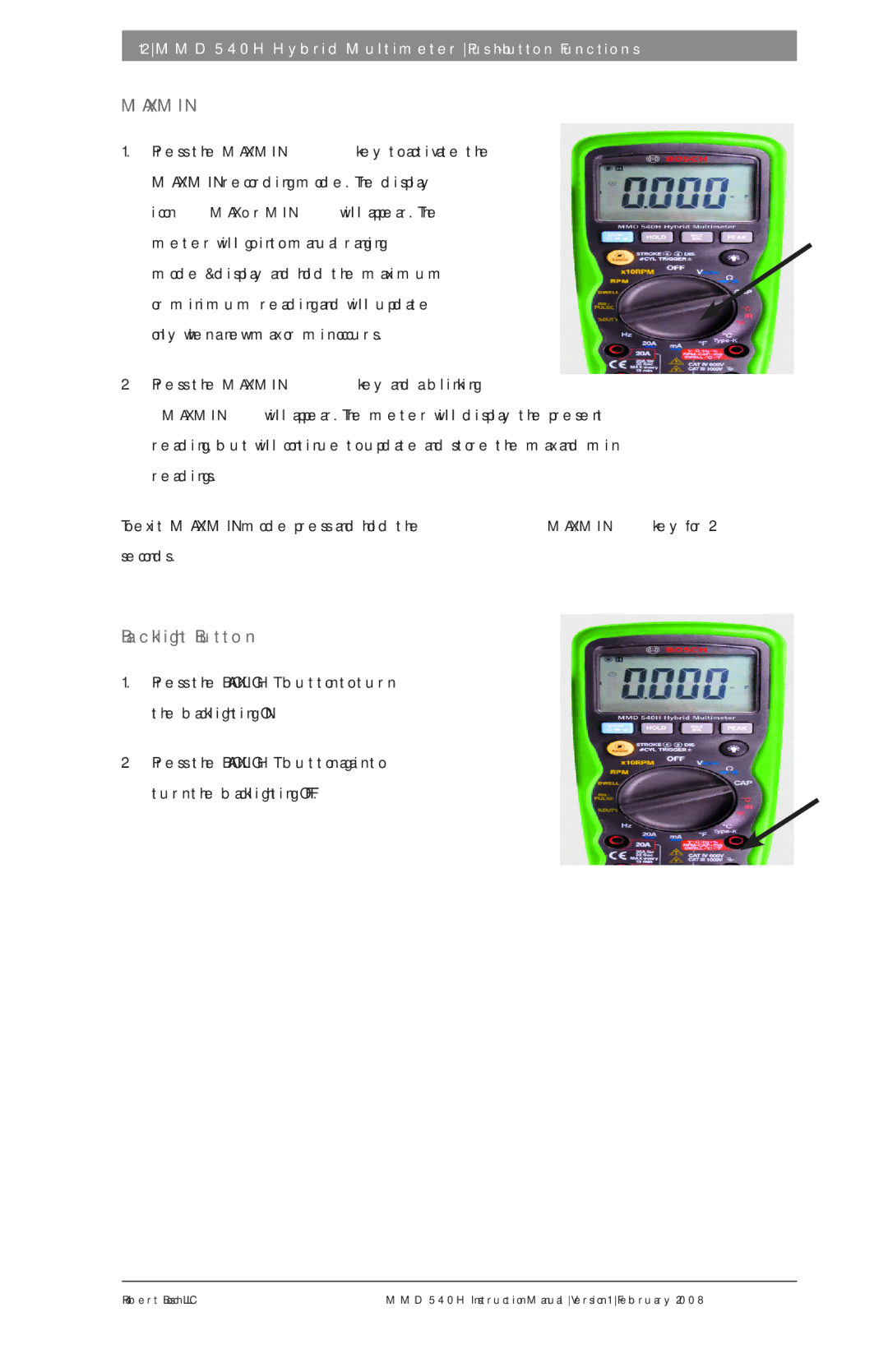 Bosch Appliances MMD 540H instruction manual Max/Min, Backlight Button 