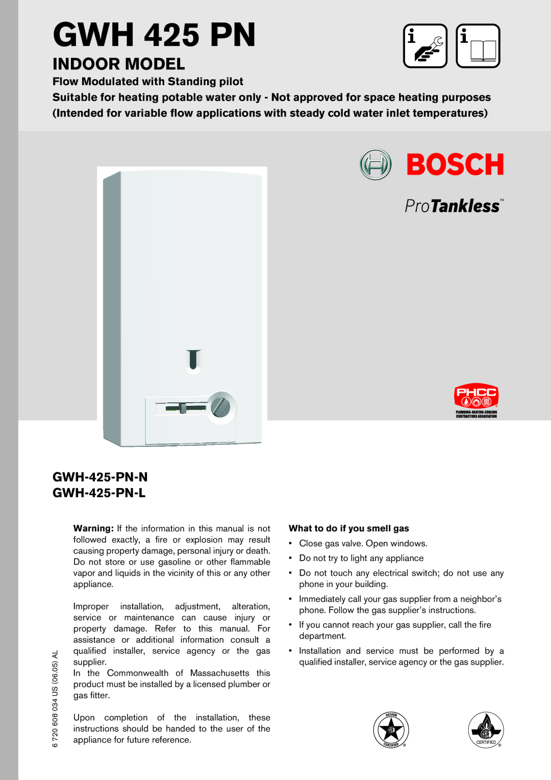 Bosch Appliances Model GWH 425 manual GWH-425-PN-N GWH-425-PN-L 