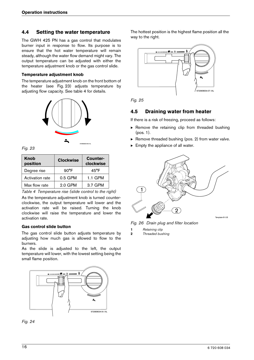 Bosch Appliances Model GWH 425 Setting the water temperature, Draining water from heater, Temperature adjustment knob 